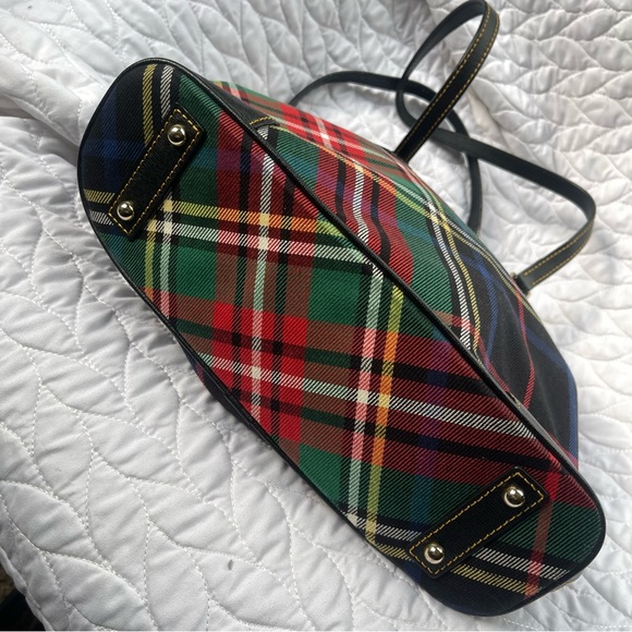 Dooney & Bourke Tartan Plaid Richmond Shopper Bag Tote Black Red Green 2 Handle - Picture 3 of 14